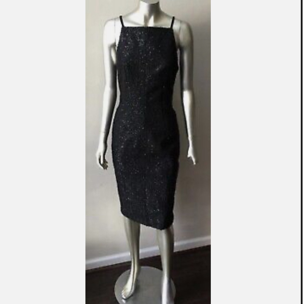 H&M black lbd tinsel texture fuzzy midi dress Sheath Metallic Pencil Faux Fur